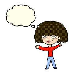 cartoon smug woman with thought bubble