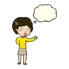 cartoon waving woman with thought bubble