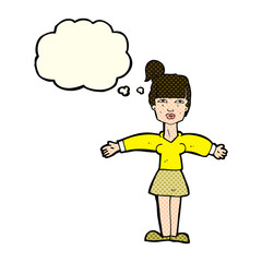 cartoon woman shrugging shoulders with thought bubble