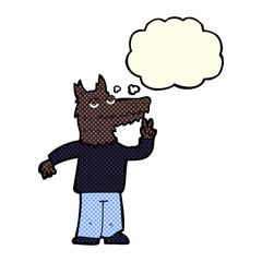 cartoon happy wolf man with thought bubble