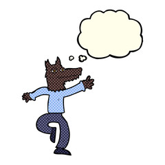 cartoon happy wolf man with thought bubble