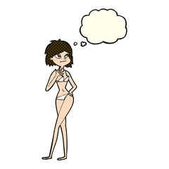 cartoon woman in bikini with thought bubble