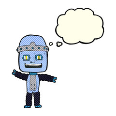 Obraz na płótnie Canvas cartoon waving robot with thought bubble