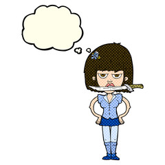 cartoon woman with knife between teeth with thought bubble