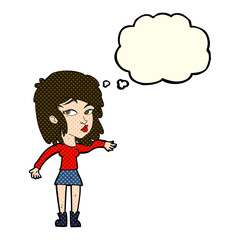 cartoon woman playing it cool with thought bubble