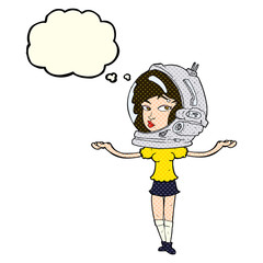 cartoon woman wearing space helmet with thought bubble
