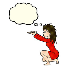 cartoon womn casting spel with thought bubble