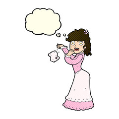 cartoon victorian woman dropping handkerchief with thought bubbl