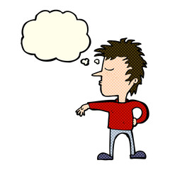 cartoon man making camp gesture with thought bubble