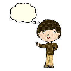 cartoon boy pointing with thought bubble