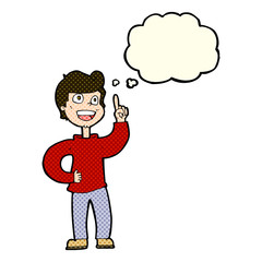 cartoon boy with great idea with thought bubble