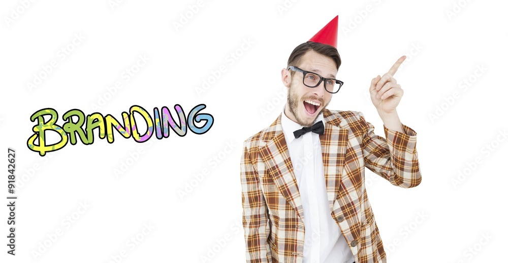 Poster composite image of geeky hipster in party hat pointing