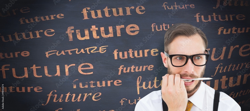 Poster Composite image of geeky hipster biting on pencil