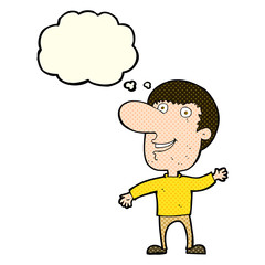 cartoon waving man with thought bubble