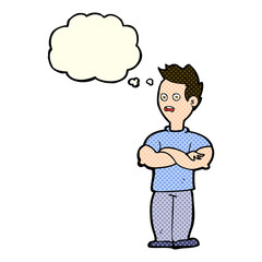 cartoon man with crossed arms with thought bubble