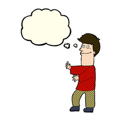 cartoon man gesturing with thought bubble