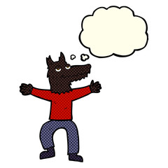 cartoon wolf man with thought bubble