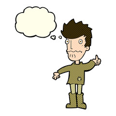 Fototapeta premium cartoon worried man giving thumbs up symbol with thought bubble