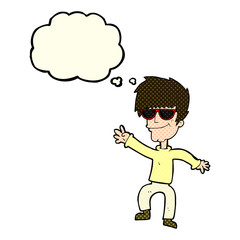 cartoon waving cool guy with thought bubble