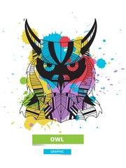 Artistic owl on the colorful blots background. Stylized graphic illustration. Vector wild animal.