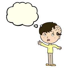 cartoon boy with growth on head with thought bubble