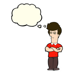 cartoon man with folded arms with thought bubble