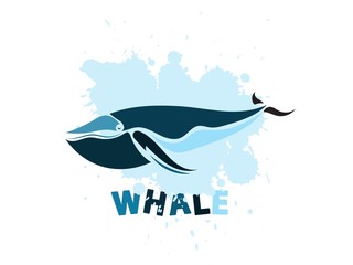 Artistic whale icon on the colorful blots background. Stylized graphic illustration. Vector wild animal.