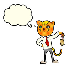 cartoon business cat with dead mouse with thought bubble