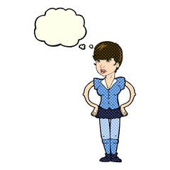 cartoon woman with hands on hips with thought bubble