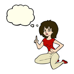 cartoon sitting woman with idea with thought bubble