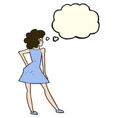 cartoon woman posing in dress with thought bubble
