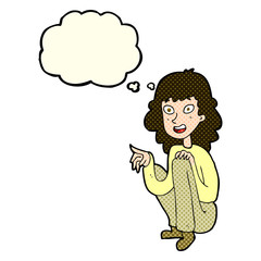 cartoon happy woman sitting and pointing with thought bubble