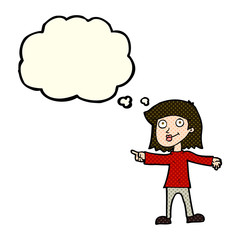 cartoon happy woman pointing with thought bubble