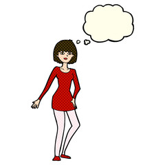 cartoon woman in dress with thought bubble