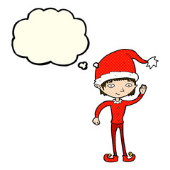 cartoon waving christmas elf with thought bubble