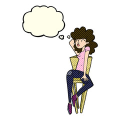 cartoon woman posing on chair with thought bubble