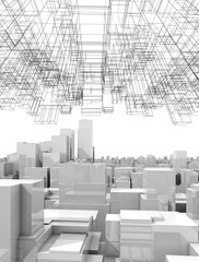Cityscape with tall skyscrapers and wireframe