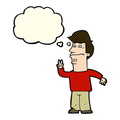 cartoon man giving peace sign with thought bubble