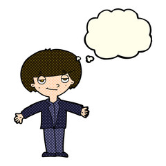 cartoon smug boy with thought bubble