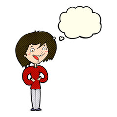 cartoon excited woman with thought bubble