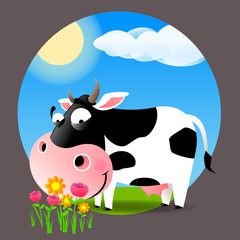 Spring scene with cow and flowers