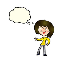 cartoon woman laughing and pointing with thought bubble