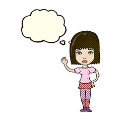 cartoon woman waving with thought bubble