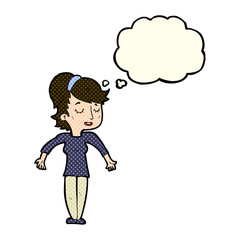 cartoon friendly woman shrugging shoulders with thought bubble