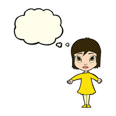 cartoon girl in dress with thought bubble