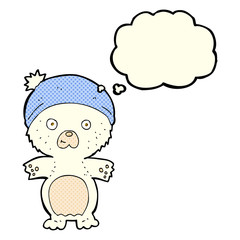 cartoon cute polar bear in hat with thought bubble