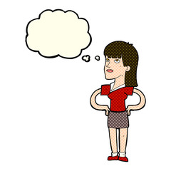 cartoon woman with hands on hips with thought bubble