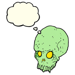 cartoon spooky skull with thought bubble