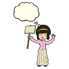 cartoon vicorian woman protesting with thought bubble