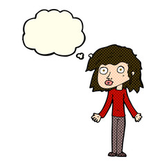 cartoon girl shrugging shoulders with thought bubble